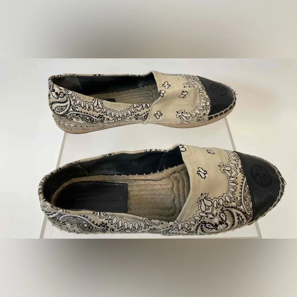 TORY BURCH IVORY AMERICANA BANDANA‎ COLOR BLOCK FLAT ESPADRILLE 7.5
